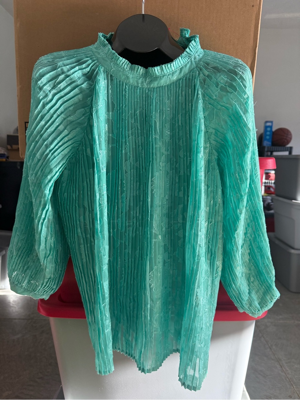 Sheer Pleated Teal Women's Blouse - Lightweight Long Sleeve Top mp15